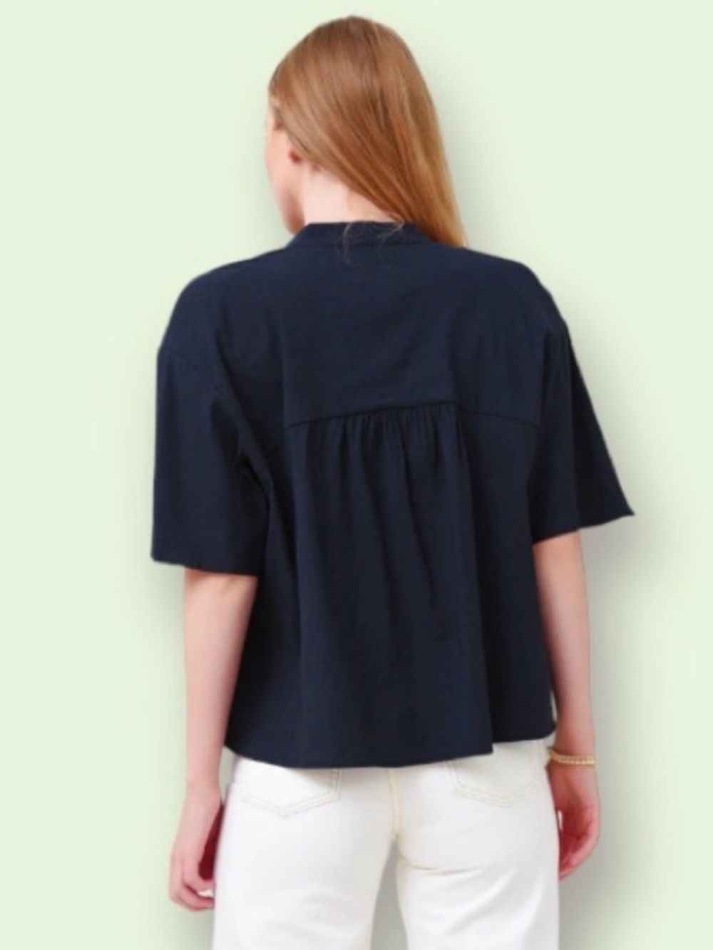 Vince Women’s Shirred Band Collar Navy Blue Linen Blend Oversized Blouse - Picture 2 of 8